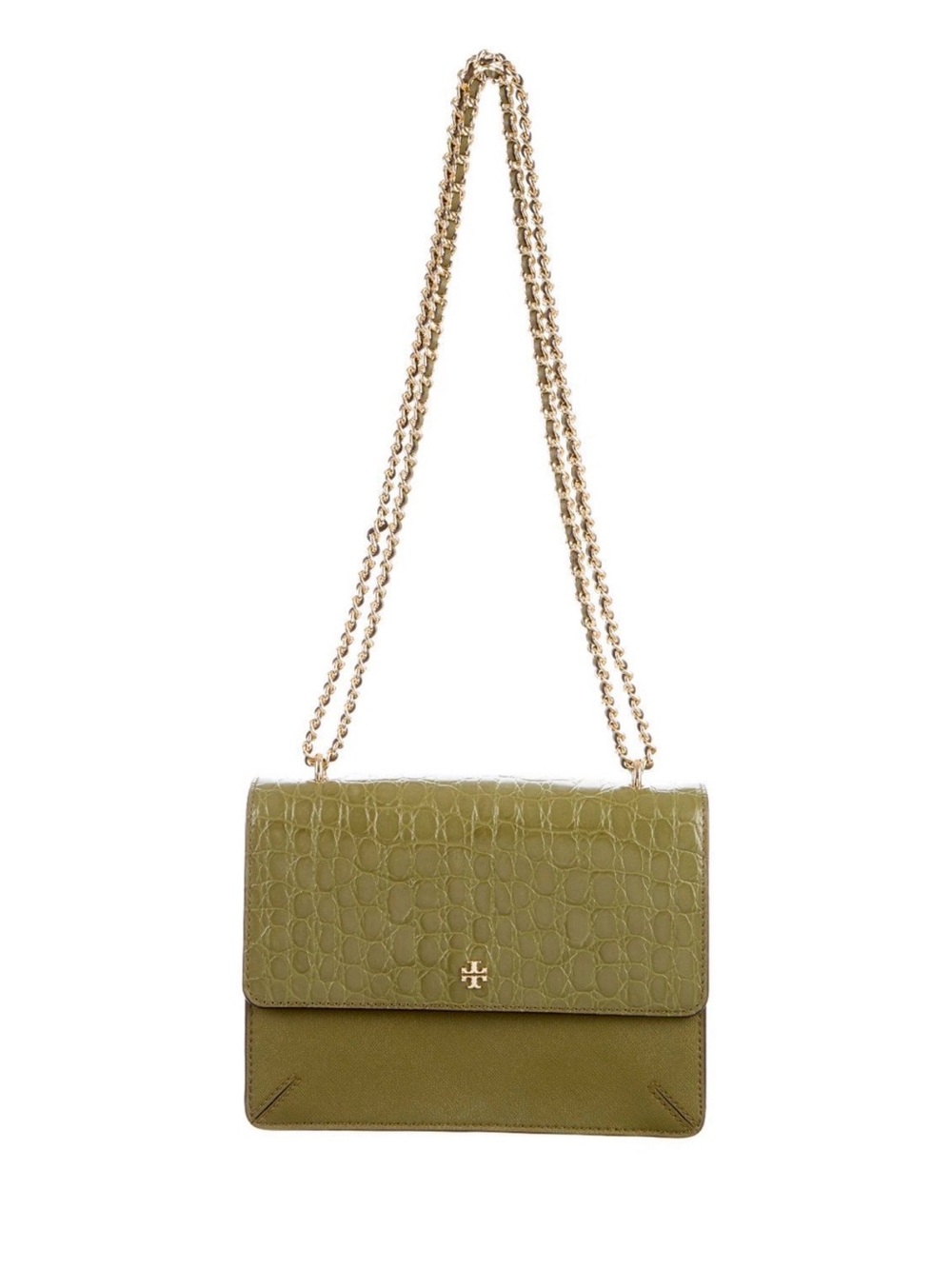 Tory Burch Olive Croc-Embossed Shoulder Bag with Gold Chain